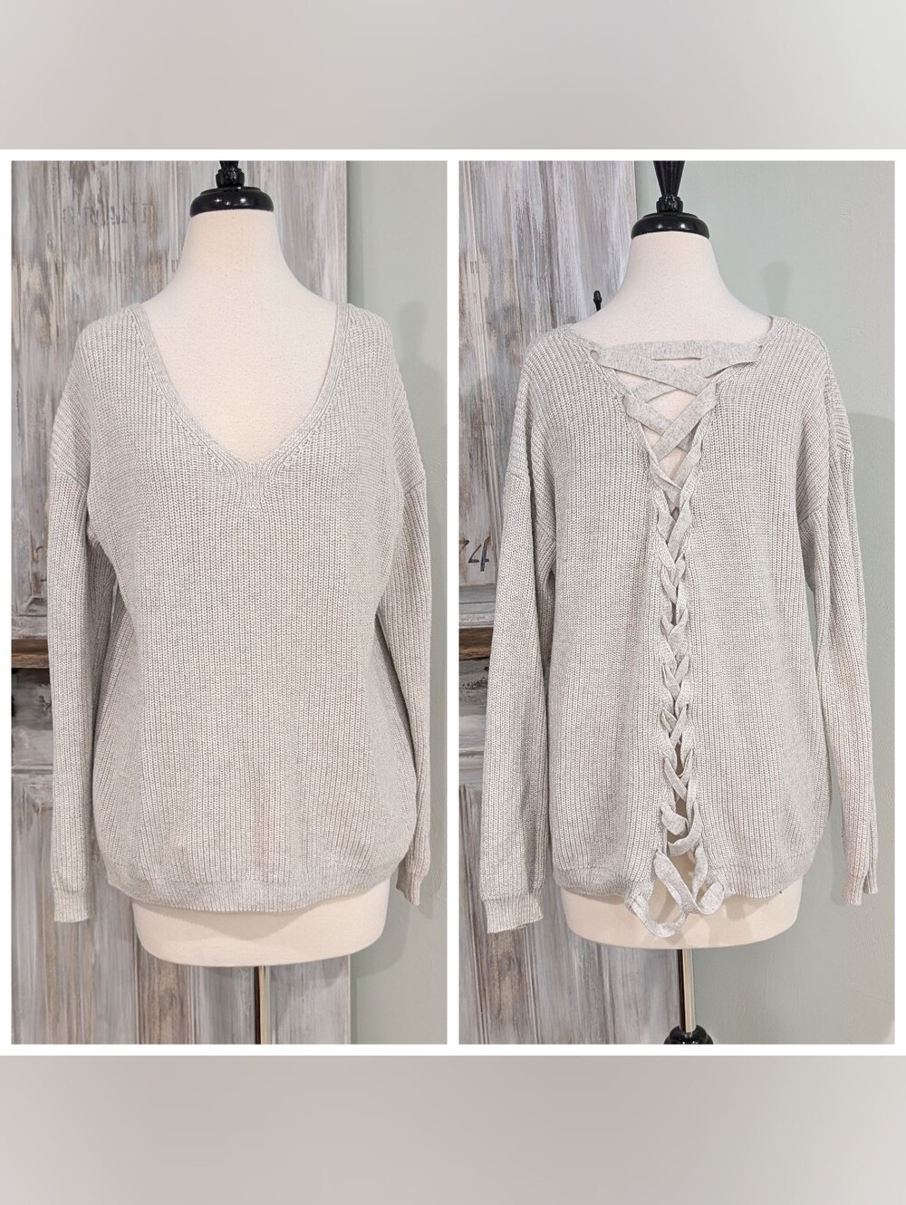 Fate By LFD Women's Light Gray V-Neck Sweater with Braided Back